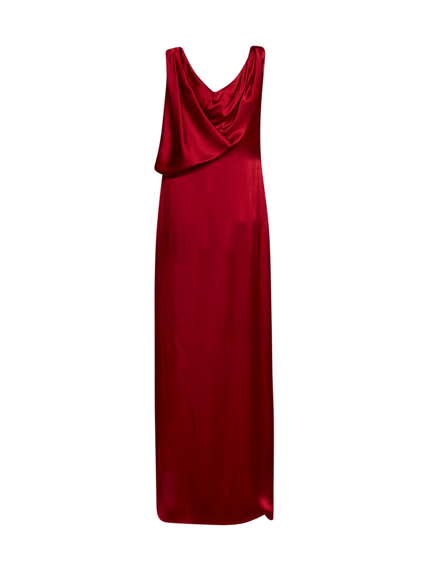 Abito maxi drappeggiato in raso rosso scuro