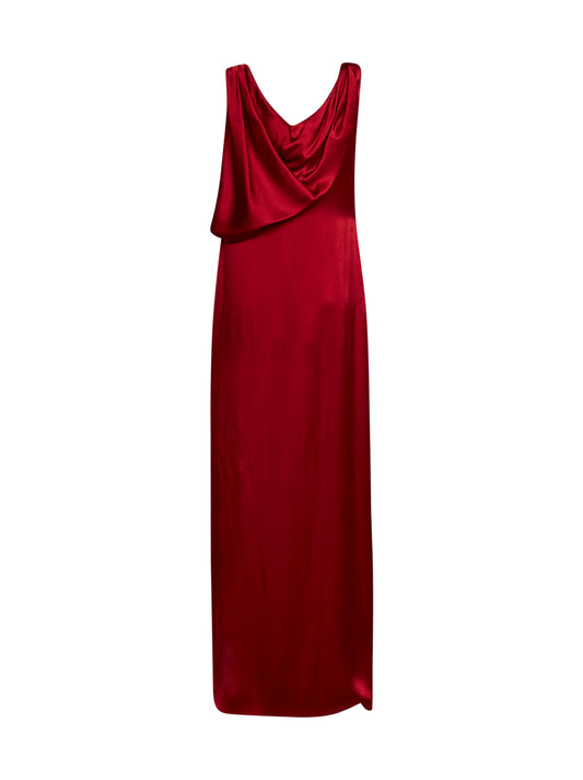 Abito maxi drappeggiato in raso rosso scuro