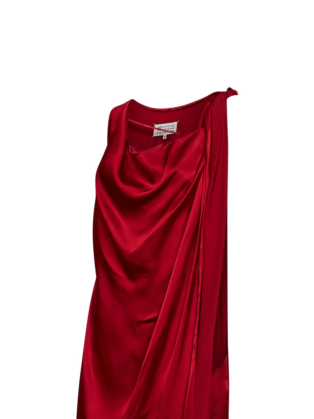 Abito maxi drappeggiato in raso rosso scuro