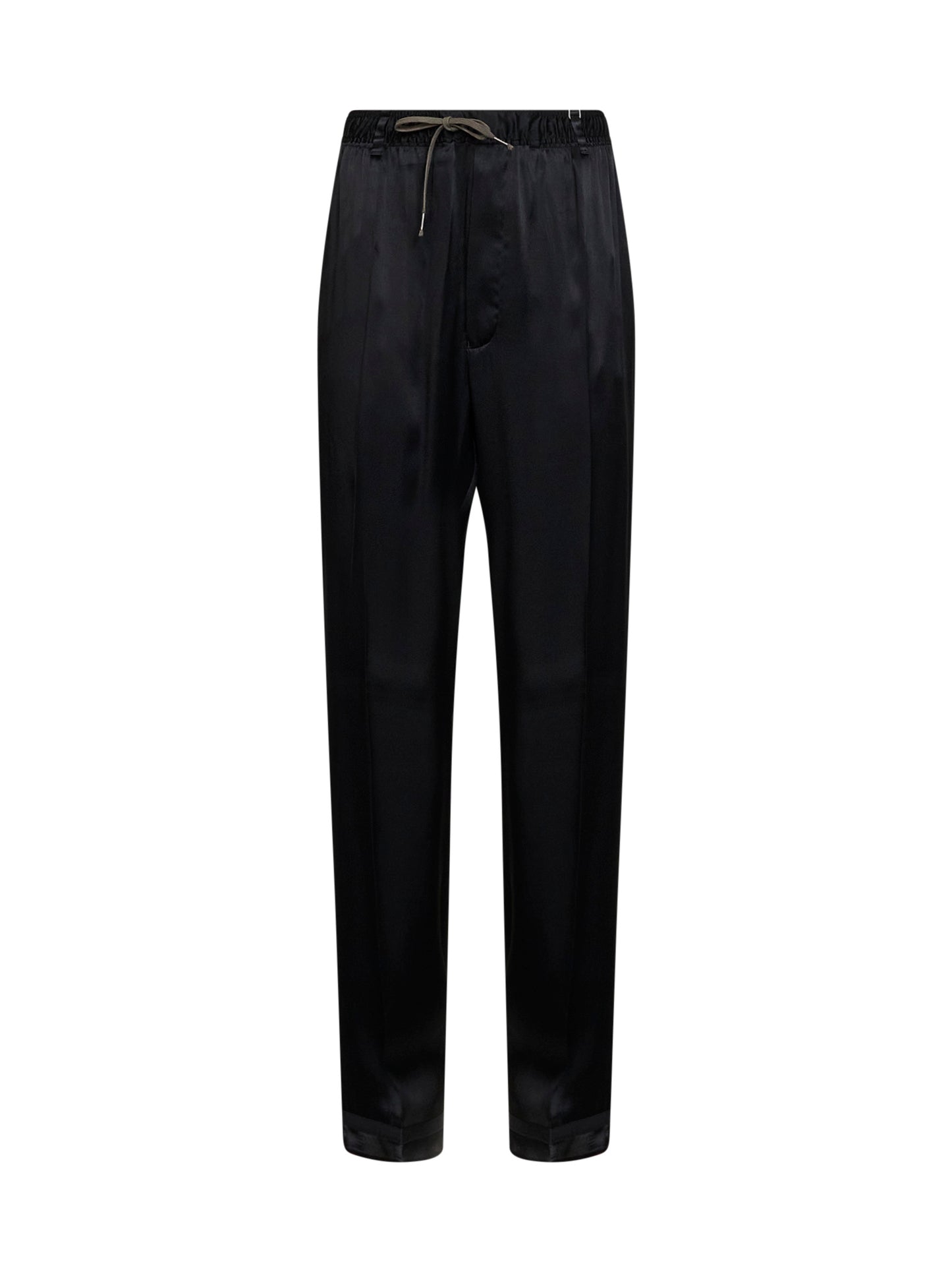 Black satin drawstring trousers