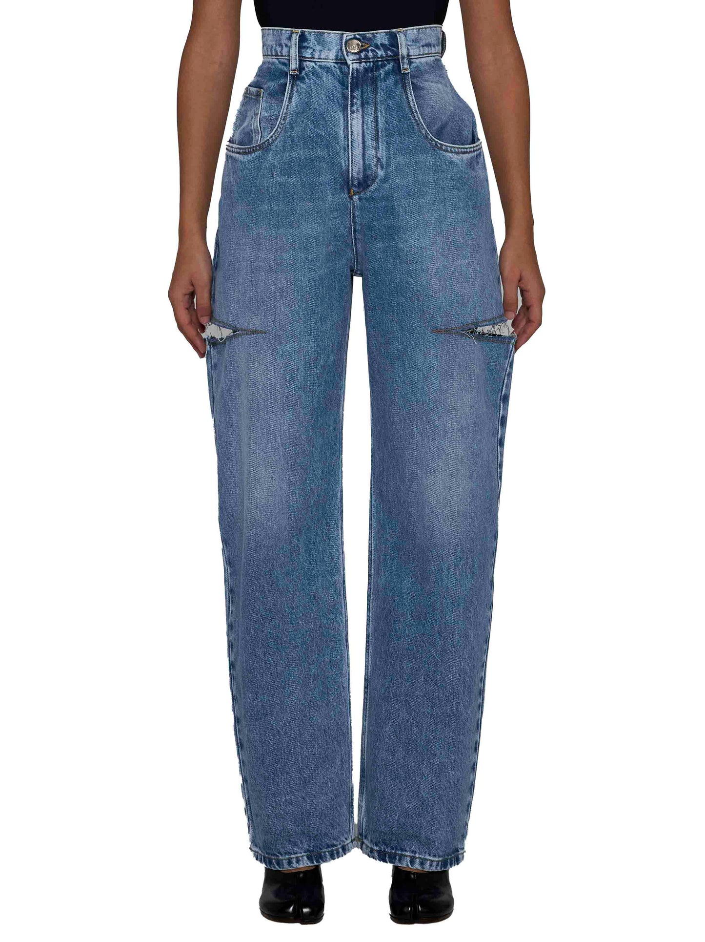 Jeans a gamba larga e vita alta cut-out