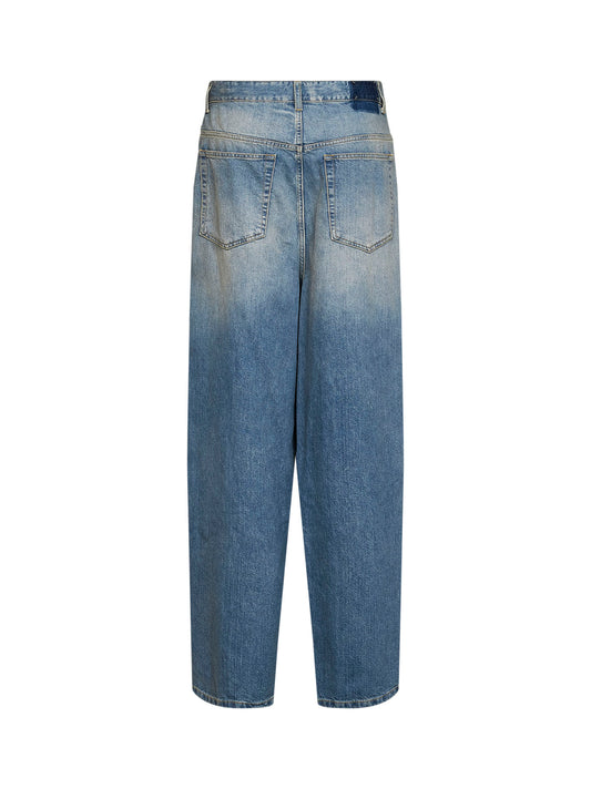 Blue old-finish cotton denim wrap jeans
