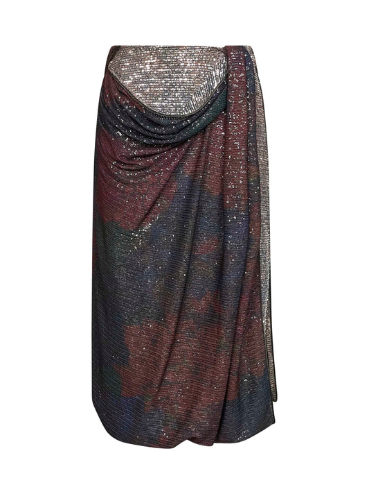 Blue and burgundy printed sequins draped midi skirt