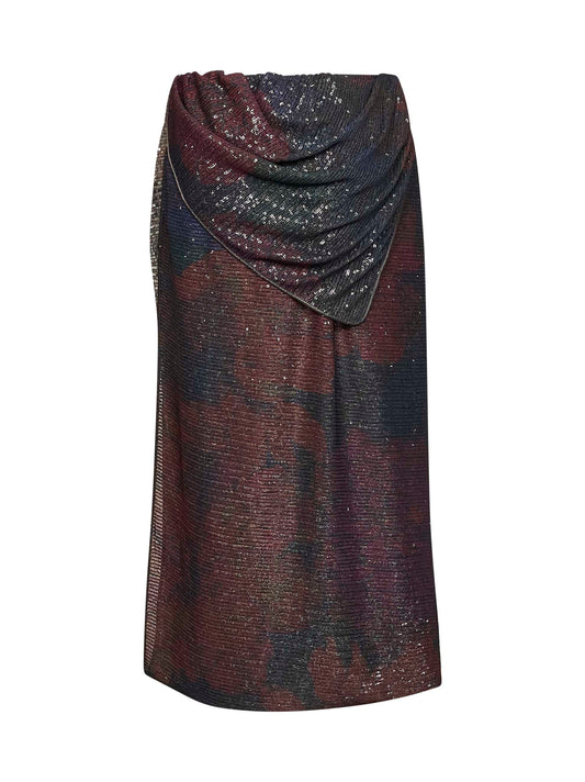 Blue and burgundy printed sequins draped midi skirt