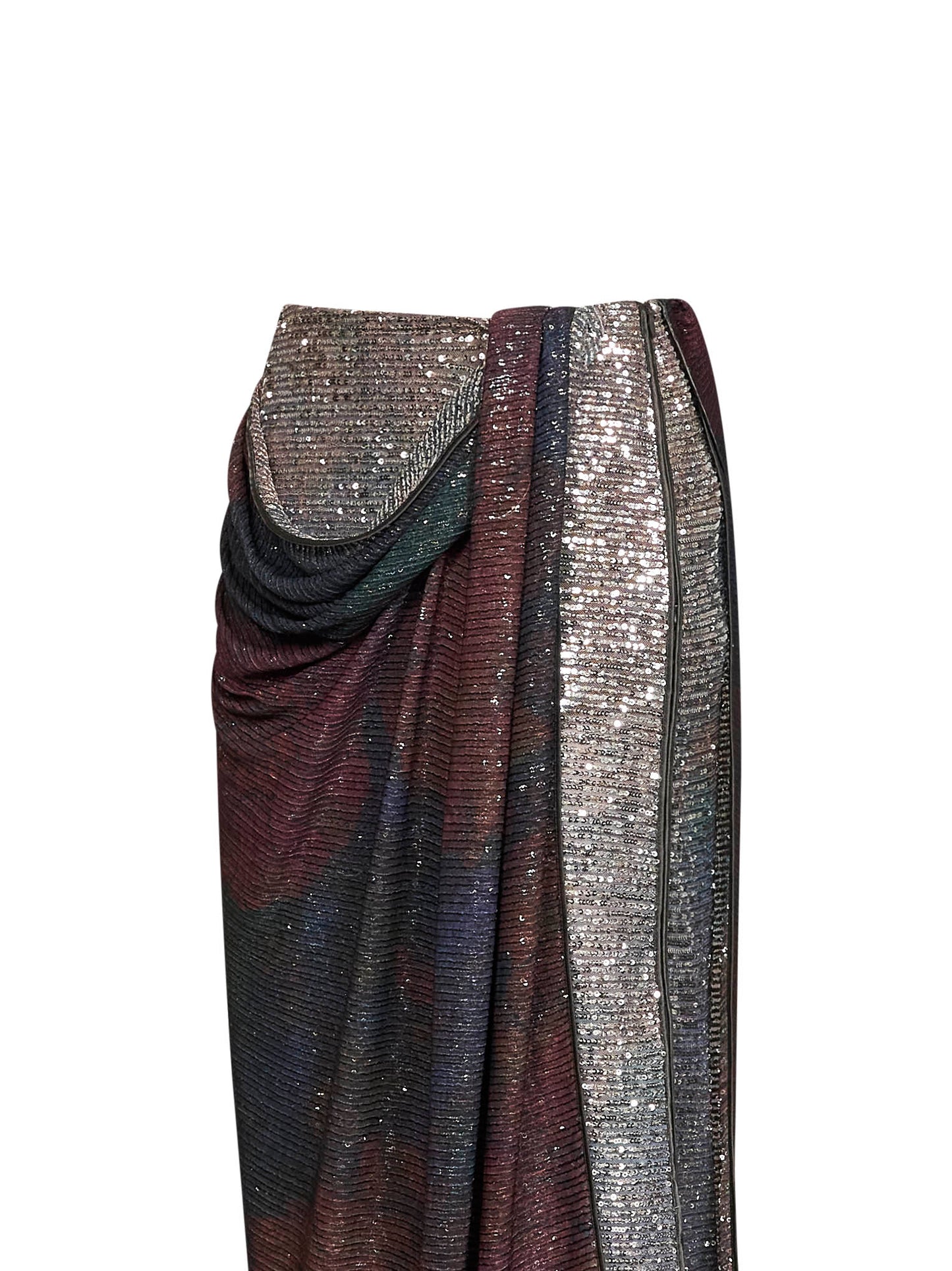 Gonna midi drappeggiata in paillettes stampate blu e bordeaux