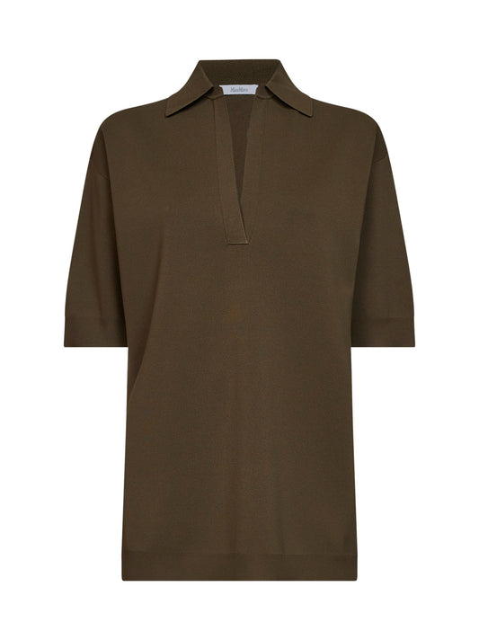 Khaki green viscose crepe MXMALPINO long polo shirt <BR/>