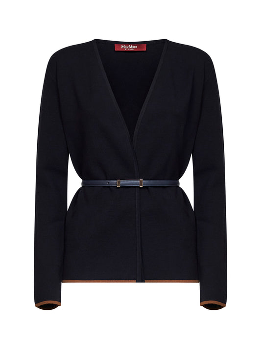 Navy blue compact knit MSTDENTE belted cardigan