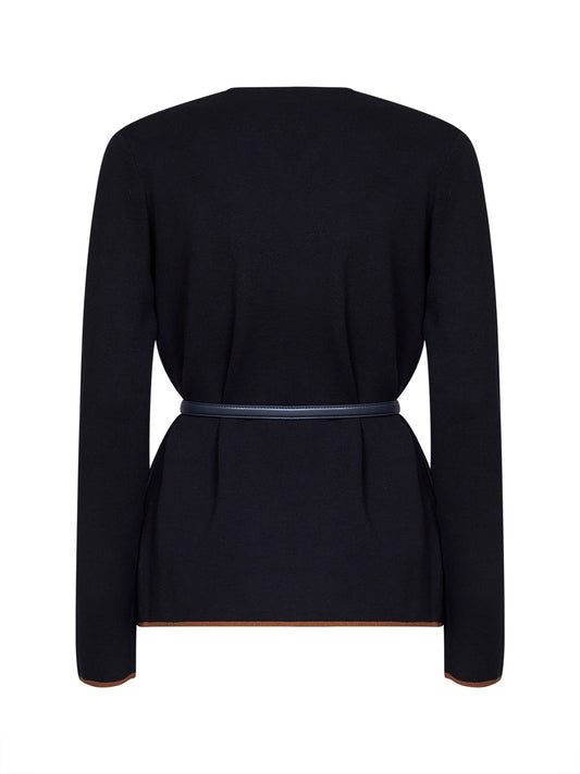 Navy blue compact knit MSTDENTE belted cardigan