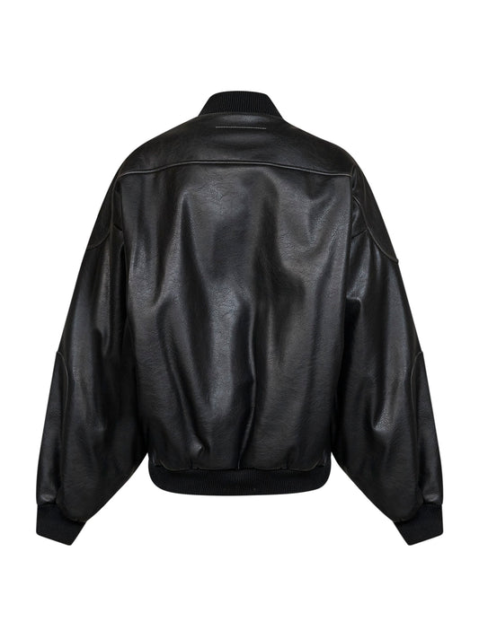 Black faux leather oversized bomber jacket