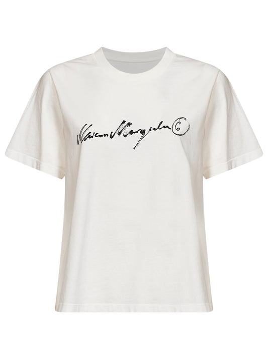T-shirt in jersey lavato bianco con stampa calligrafica