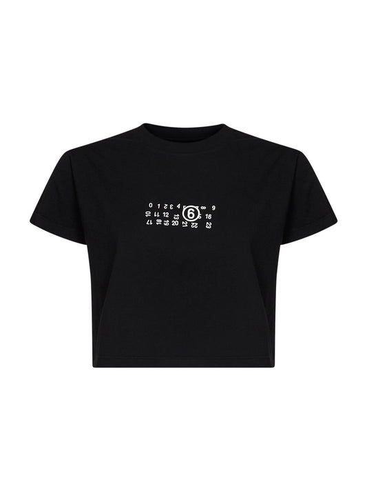T-shirt crop in jersey sovratinto nero con stampa capovolta