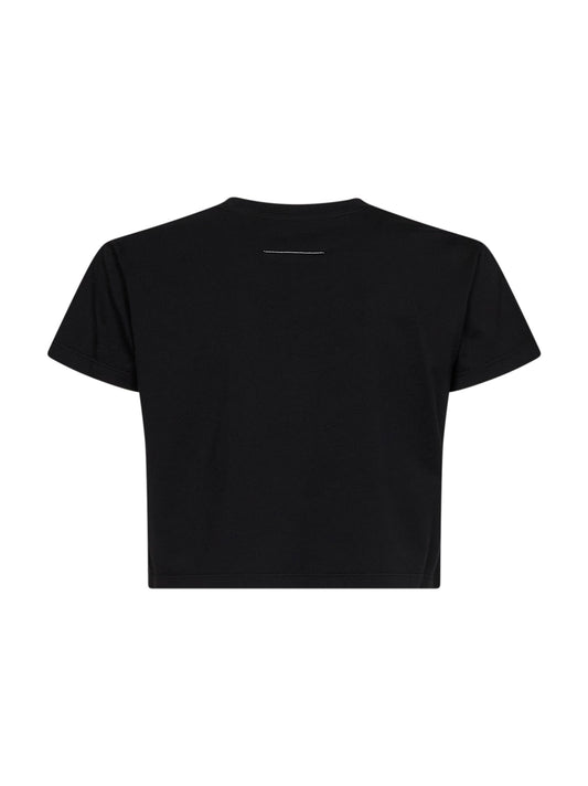T-shirt crop in jersey sovratinto nero con stampa capovolta
