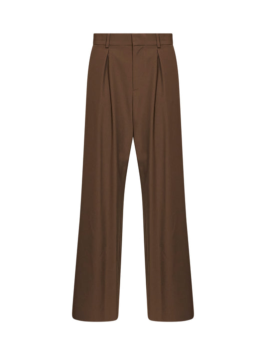 Pantaloni con pince in misto lana cammello