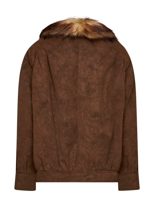 Brown synthetic nubuck sports jacket with faux fur collar