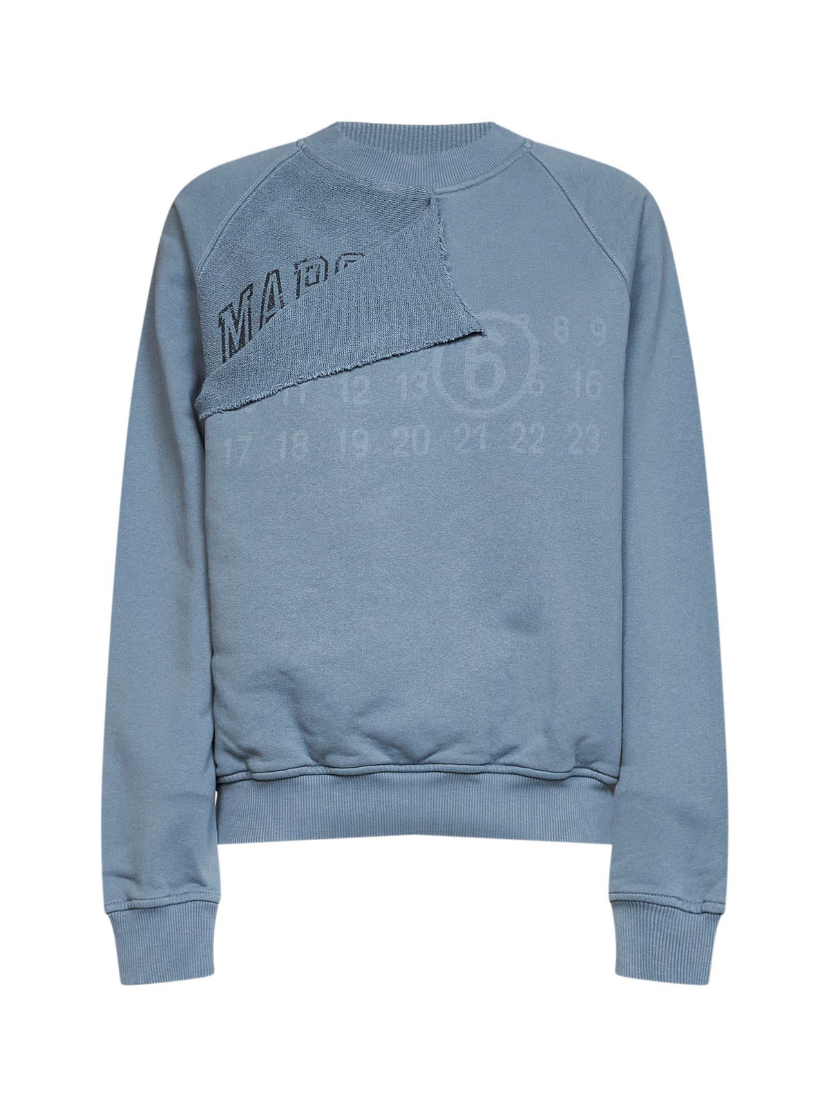 Light blue cotton sweatshirt with signature and layered panel