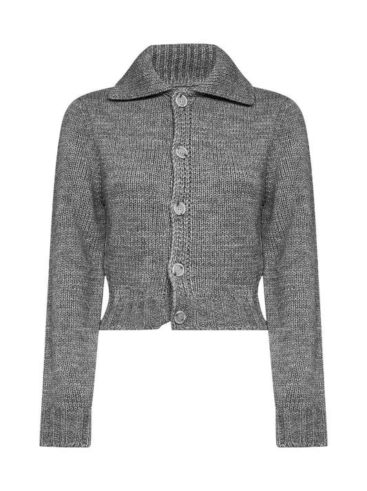 Mélange grey wool-blend knit cropped cardigan