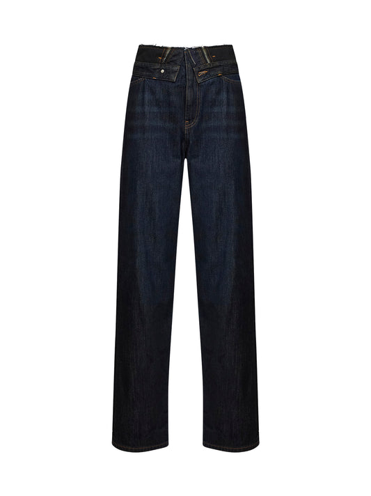 Dark blue denim five-pocket jeans with double waistband
