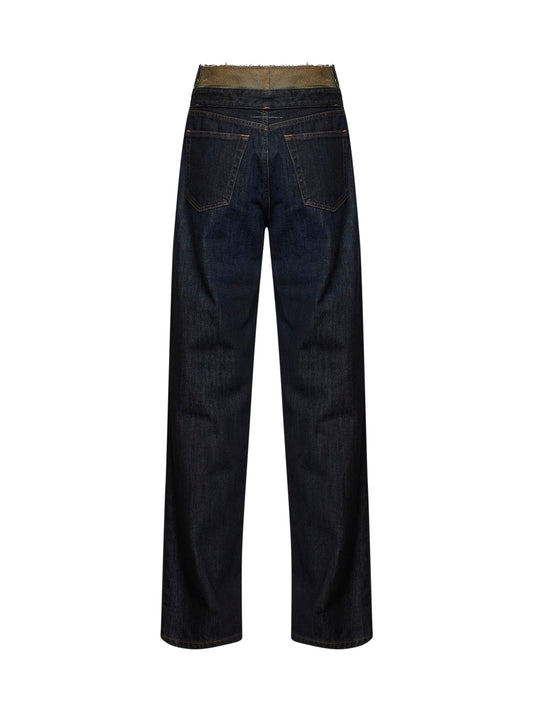 Dark blue denim five-pocket jeans with double waistband