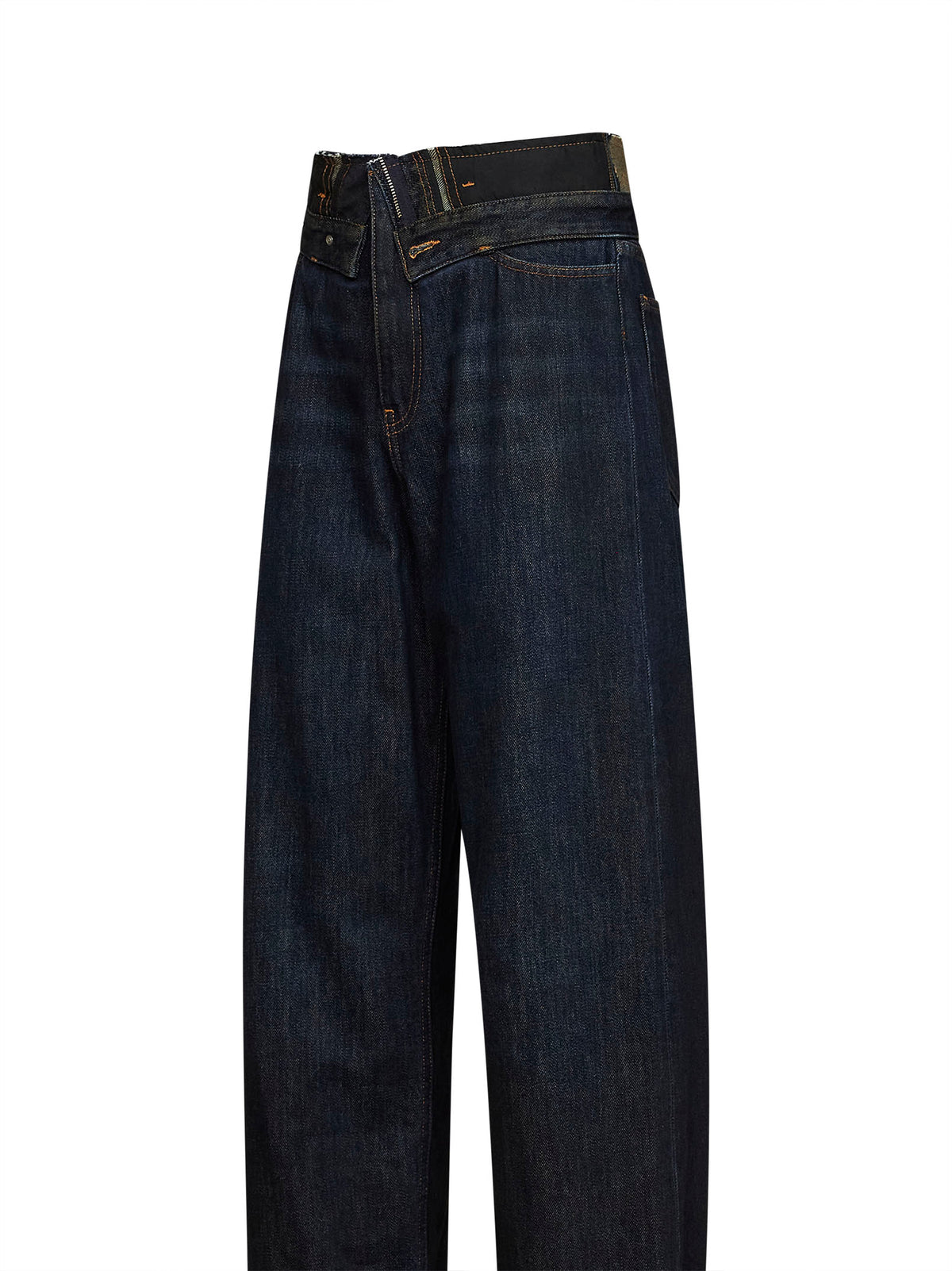 Jeans cinque tasche in denim blu scuro con doppia cintura