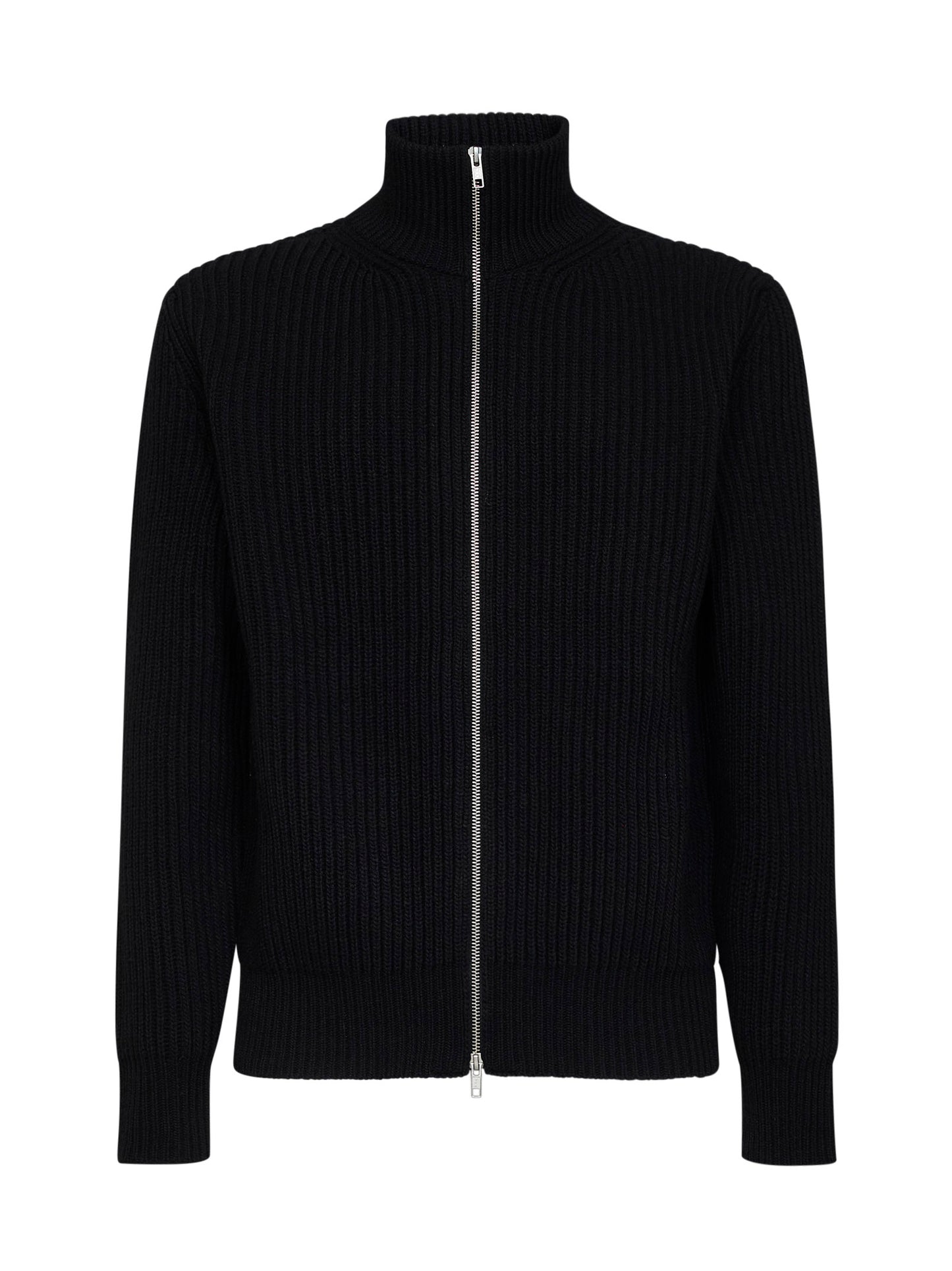 Black wool blend knit zip-up cardigan