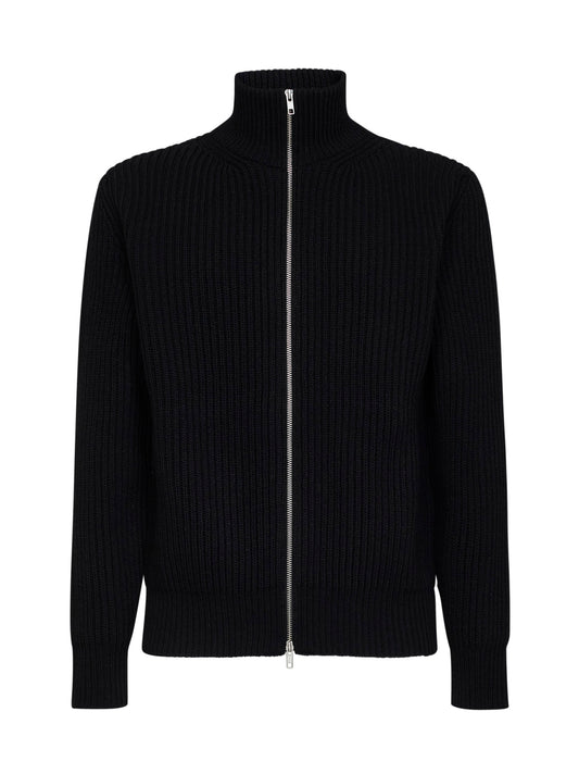 Black wool blend knit zip-up cardigan