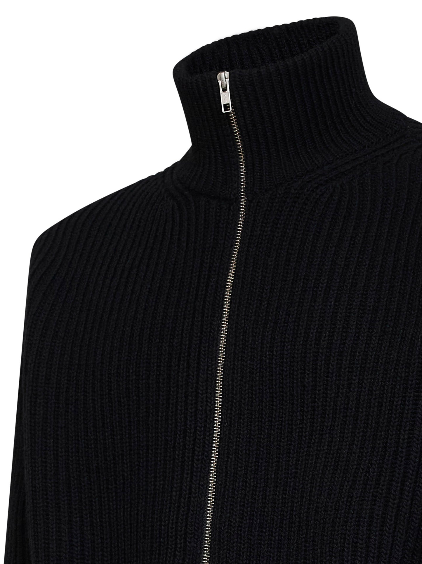 Black wool blend knit zip-up cardigan