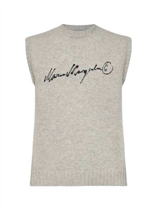 Melange grey wool blend knit vest with signature