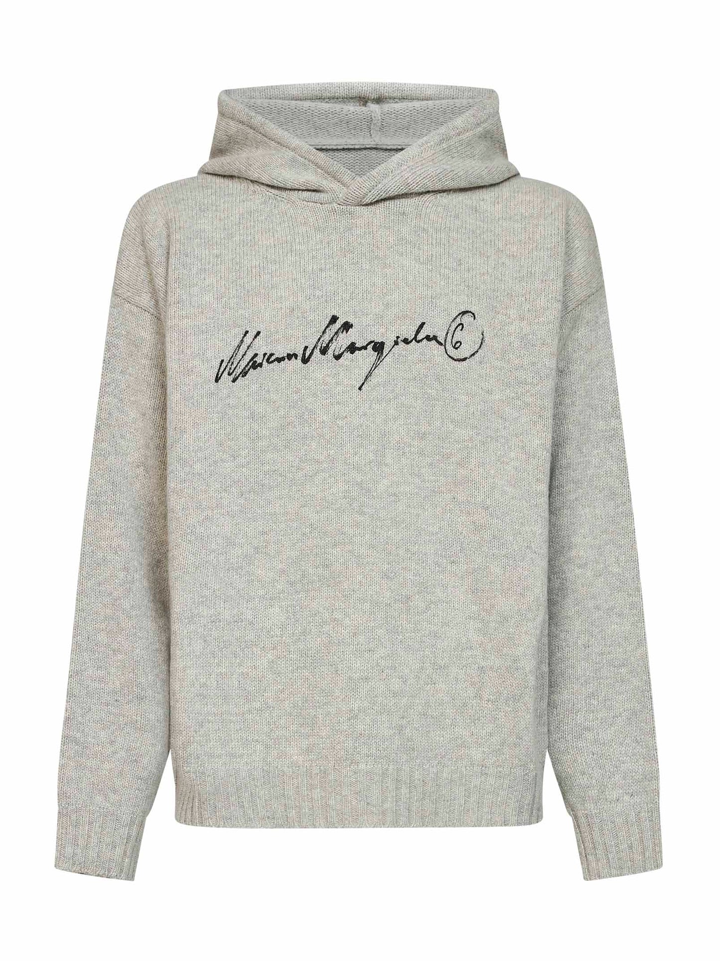 Felpa con cappuccio in maglia di misto lana grigio melange con firma