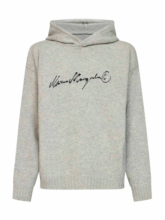 Melange grey wool blend knit hoodie with signature