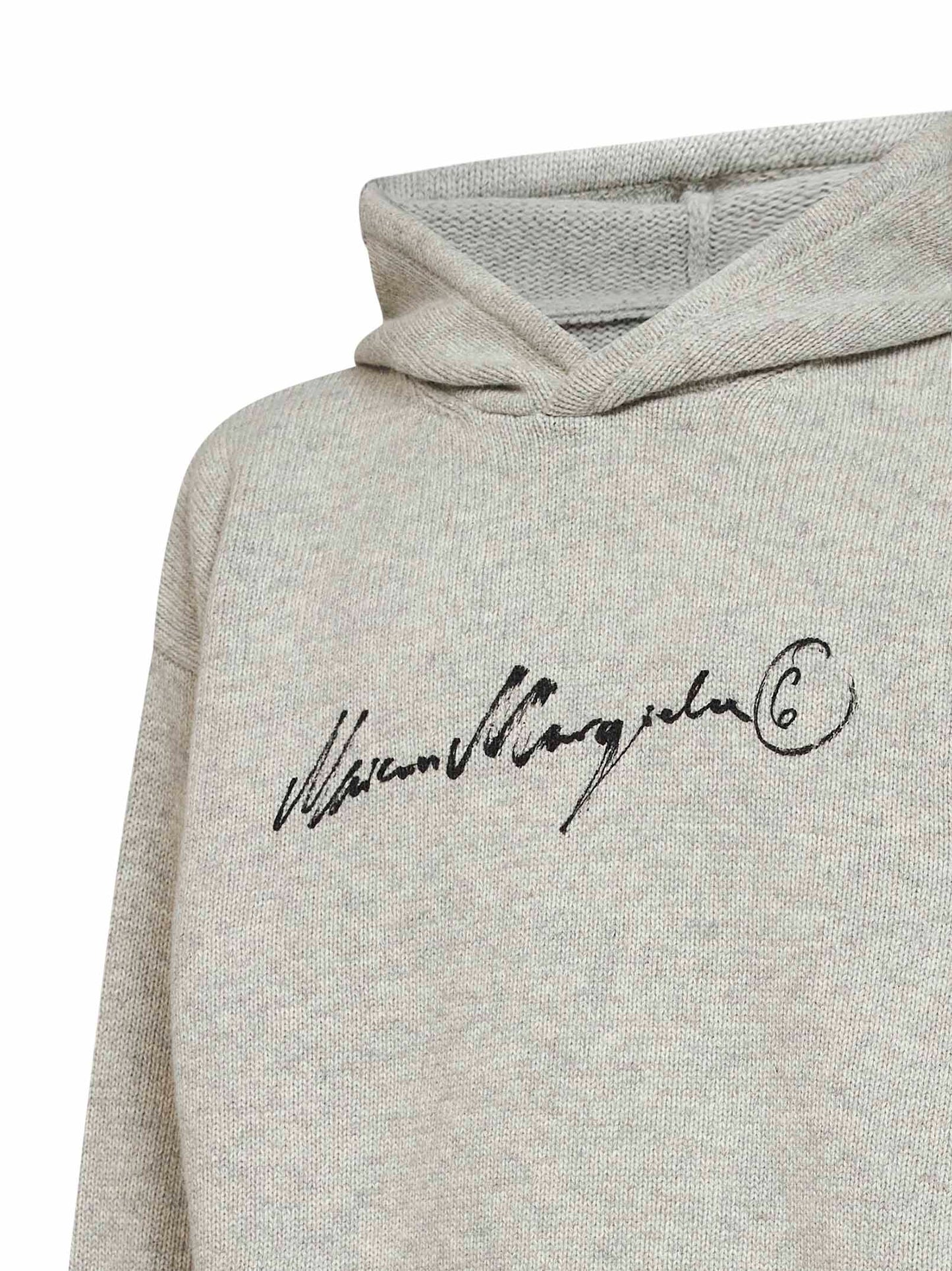 Felpa con cappuccio in maglia di misto lana grigio melange con firma