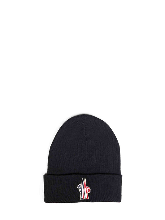 Black wool beanie with logo patch