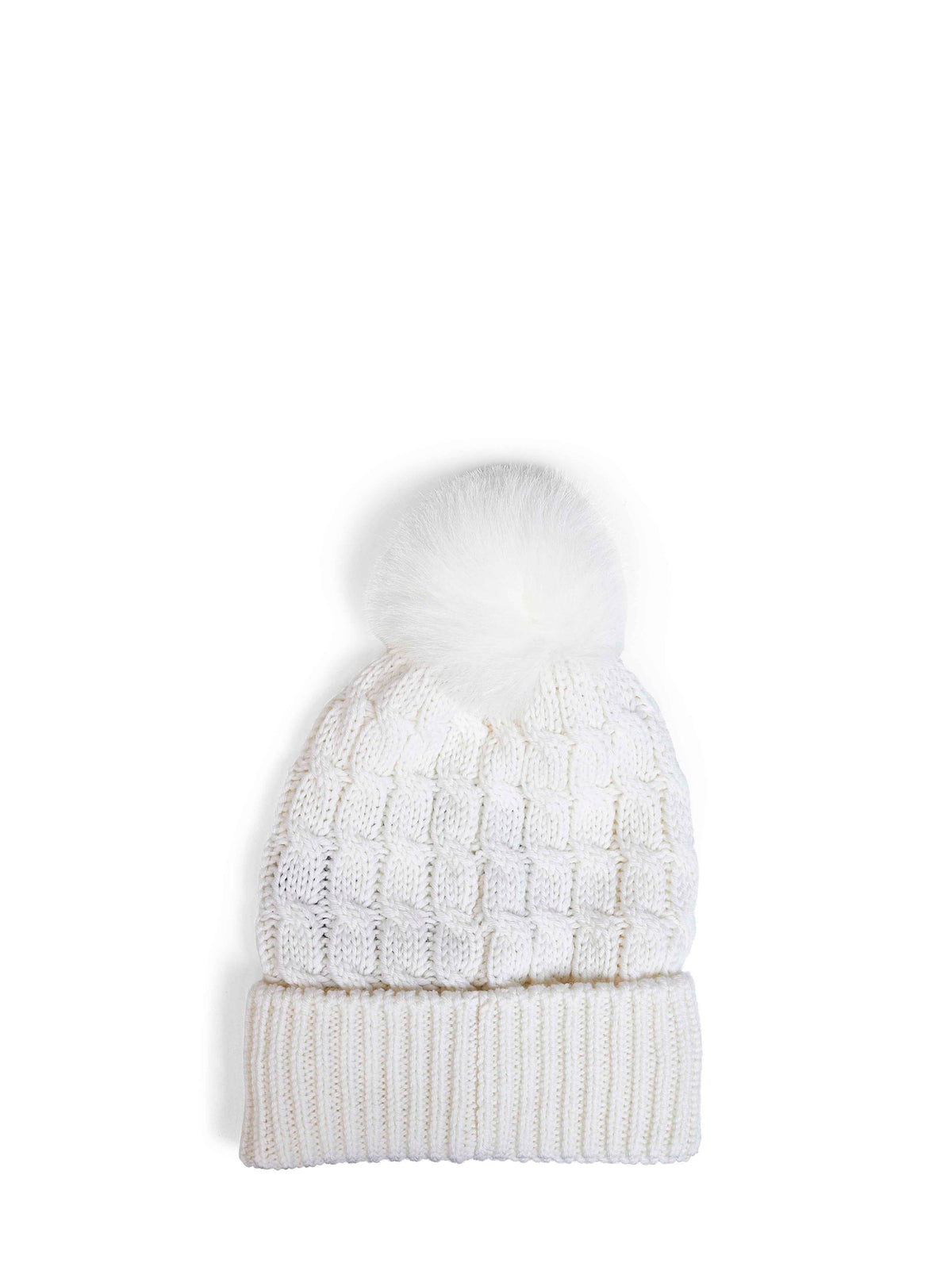 Ivory cable-knit wool pom-pom beanie