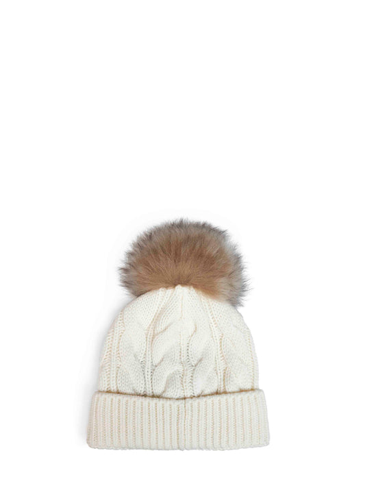 White cable-knit wool and cashmere blend pom-pom beanie