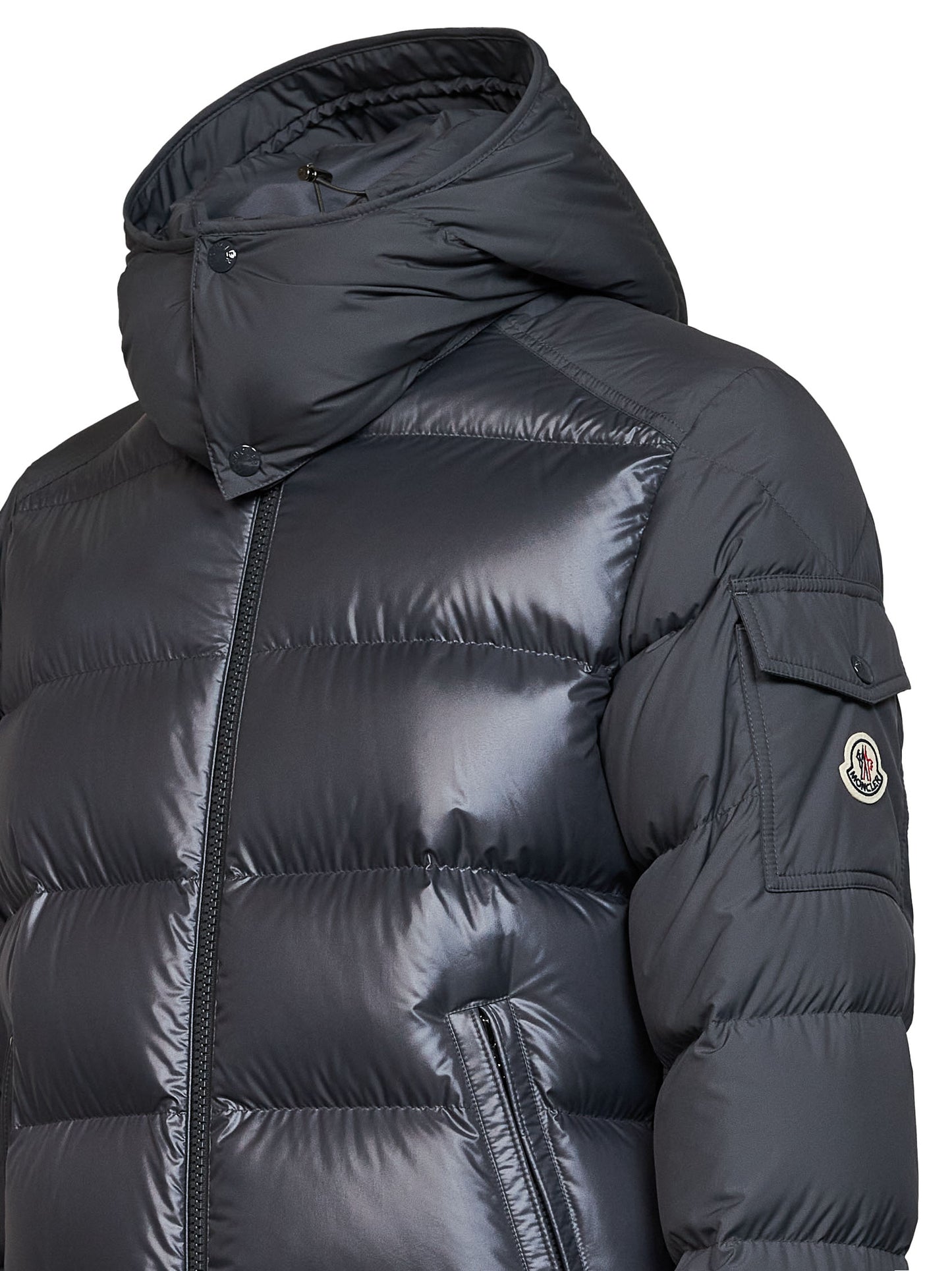 Piumino corto con cappuccio Moncler Maya grigio scuro