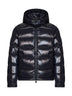 Piumino corto con cappuccio Moncler Maya blu navy