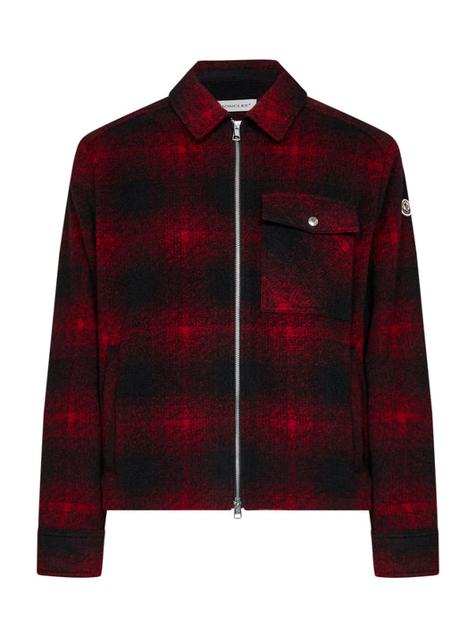 Red check wool-blend jersey zip-up overshirt