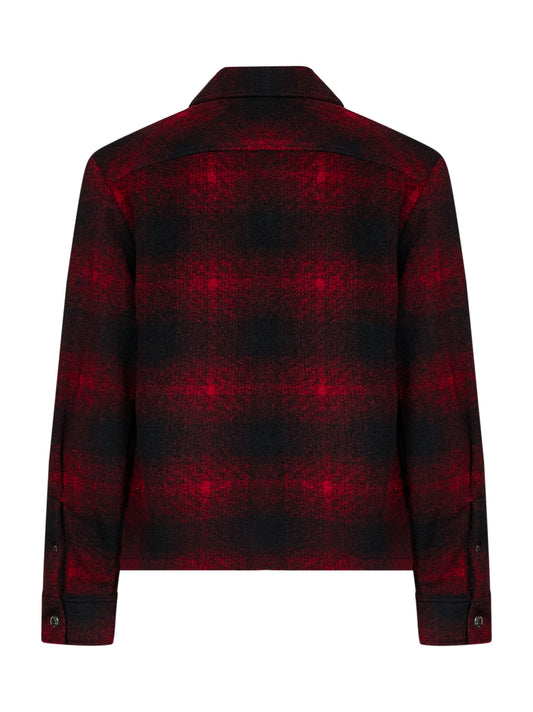 Red check wool-blend jersey zip-up overshirt