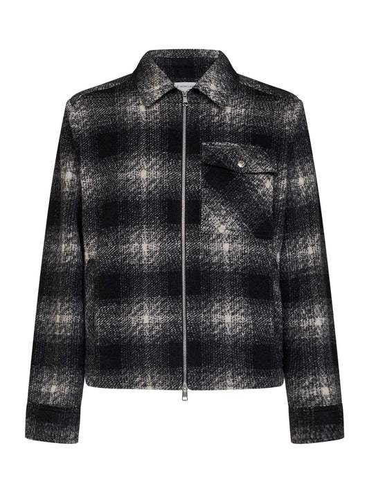 Black check wool-blend jersey zip-up overshirt