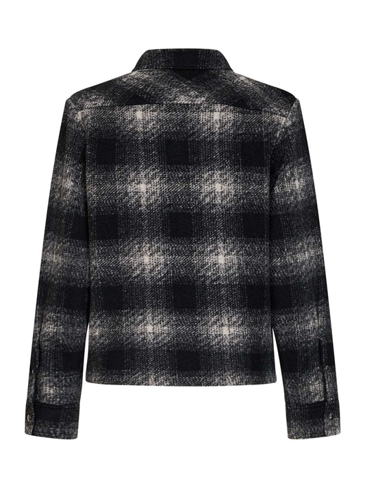Black check wool-blend jersey zip-up overshirt