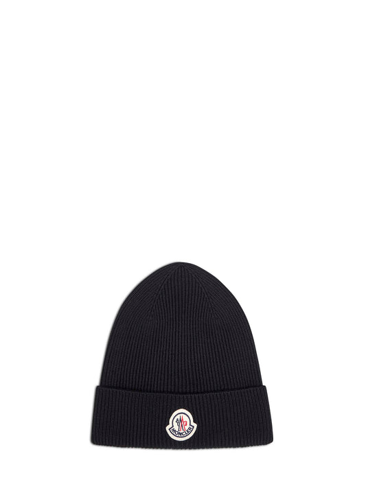 Black ribbed extra-fine wool beanie with logo