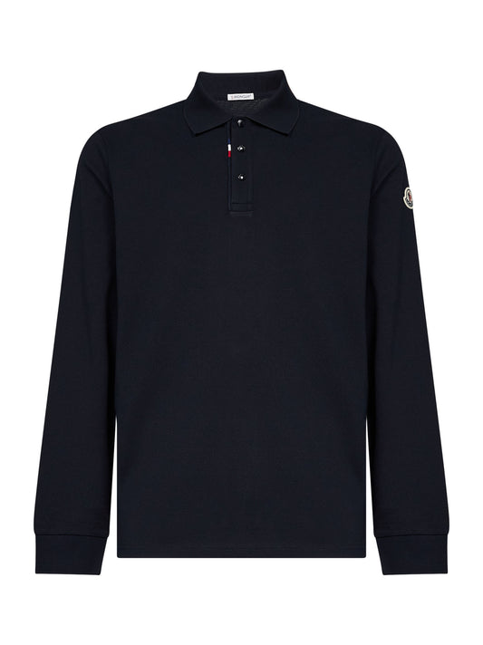 Blue cotton piqué long-sleeved polo shirt with logo