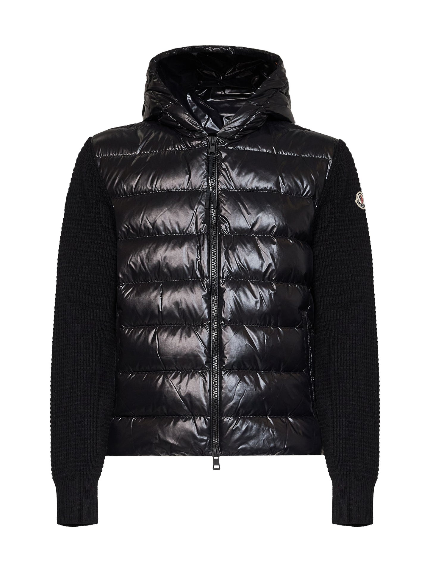 Cardigan imbottito con zip e cappuccio in maglia e nylon nero