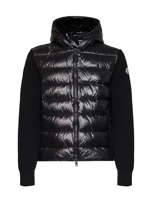 Black knit and nylon padded zip-up hooded cardigan