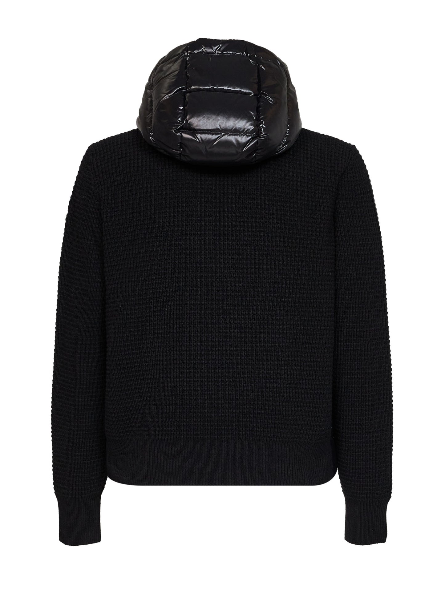 Cardigan imbottito con zip e cappuccio in maglia e nylon nero