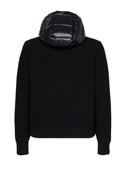 Black knit and nylon padded zip-up hooded cardigan
