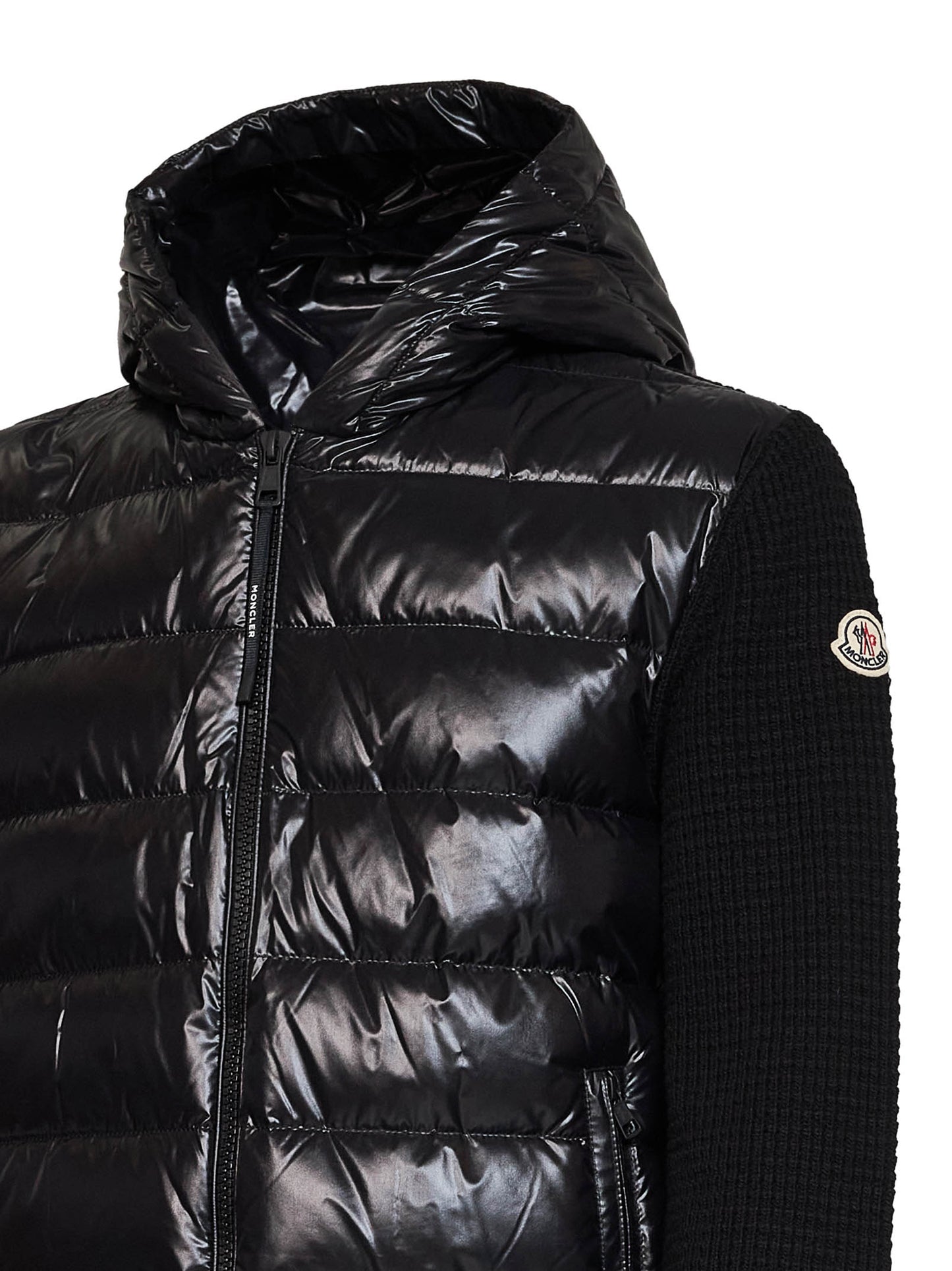 Cardigan imbottito con zip e cappuccio in maglia e nylon nero