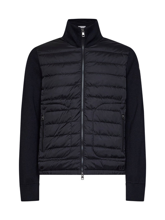 Black wool blend zip-up padded cardigan