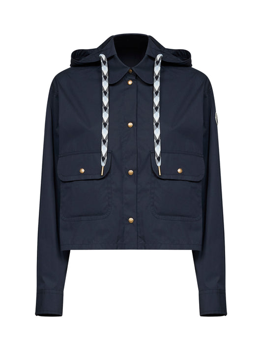Navy blue cotton blend hooded overshirt