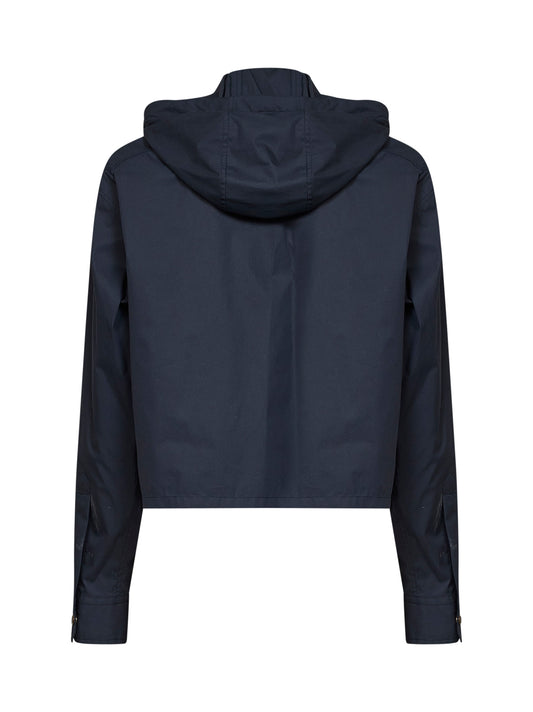 Navy blue cotton blend hooded overshirt