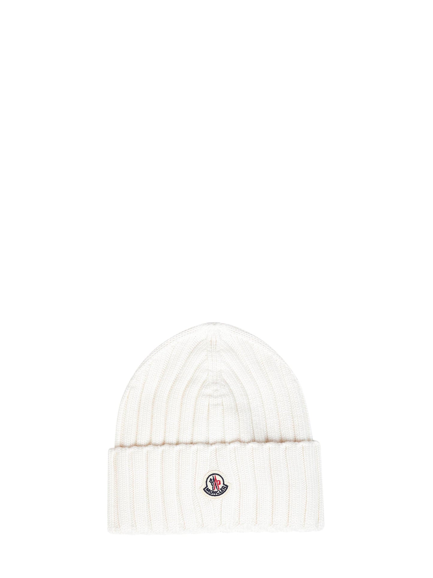 White ribbed wool knit beanie with logo patch